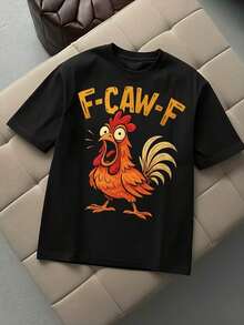 Crew Neck T-Shirt With Cartoon Print F - Caw - F WZHU - Black - View 1