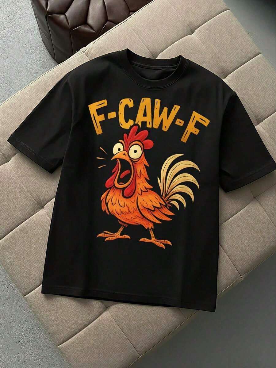 Crew Neck T-Shirt With Cartoon Print F - Caw - F WZHU - Black - View 1