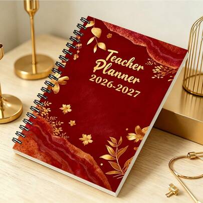 1 pièce A5, 21 x 14 cm 2026-2027 Agenda de professeur, couverture spirale vintage bordeaux avec motif floral, adapté pour la planification de l'enseignement, excellent cadeau pour les professeurs et les enseignants