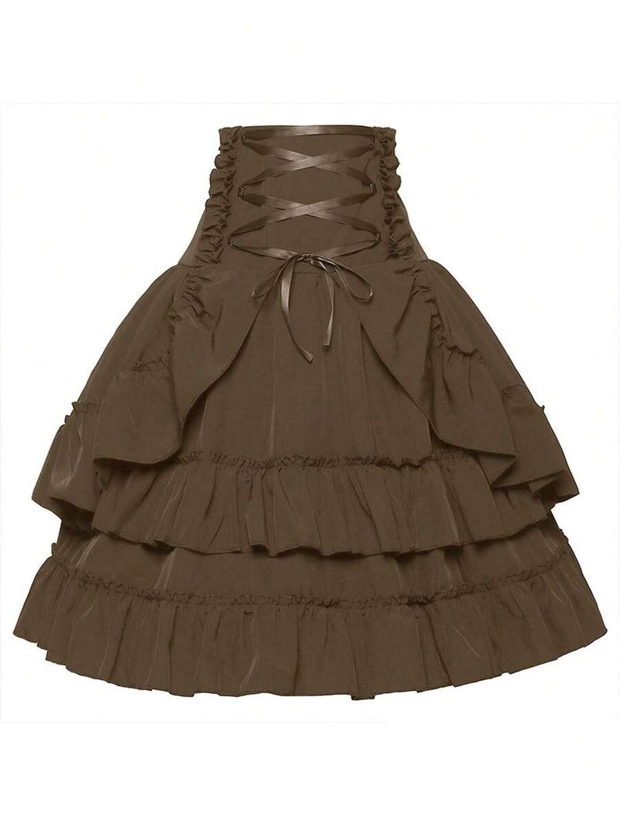 Women's Midi Skirt With Fitted Waist, Vintage Spring Style, Solid Color, Activity Dance Skirt, Cosplay Costume - Palace Skirt-brown - View 1