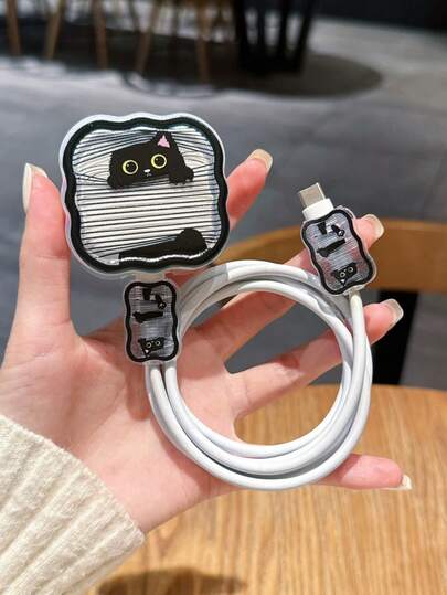 3pcs Striped Black Cat Pattern Charging Cable Protector Set, Suitable For 20W UK Standard Apple Fast Charger