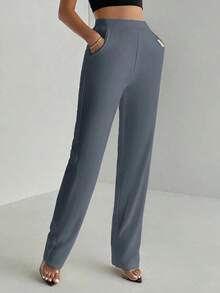 Pantalones rectos de talle alto para mujer alta, color sólido azul petróleo, cintura elástica y bolsillos laterales, tejido suave y cómodo, estilo casual y favorecedor, ideal para uso diario, salidas informales, oficina y looks versátiles - Gris - Ver 5