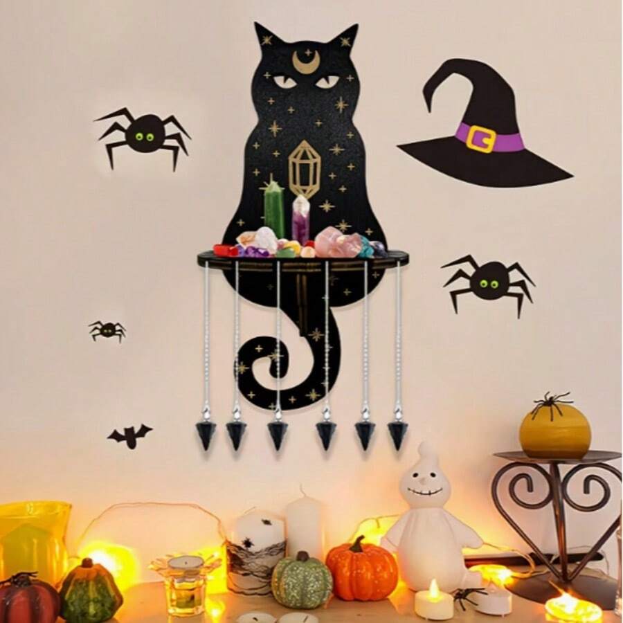 1pc Wooden Crystal Display Shelf, Home Decor Candle Holder, Moon Phase Jewelry Organizer, Rustic Style Floating Wall Shelf For Crystals, Stones, Essential Oils, Candles, Wall Decoration - Cat-shaped Storage Shelf - View 1