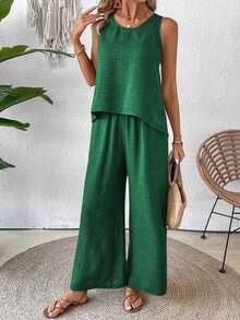 Conjunto de top sin mangas y pantalones de pierna ancha con parte posterior de malla de encaje para mujer, color albaricoque, para primavera/verano - Verde Oscuro - Ver 3