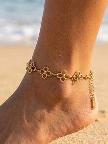Tobillera de acero inoxidable con baño de oro de 18K con trébol de cuatro hojas, joyería minimalista para el pie de estilo playa a prueba de agua para mujeres - Dorado - Ver 6