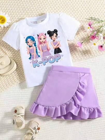 少女卡通圖案印花短袖T恤與裙子套裝