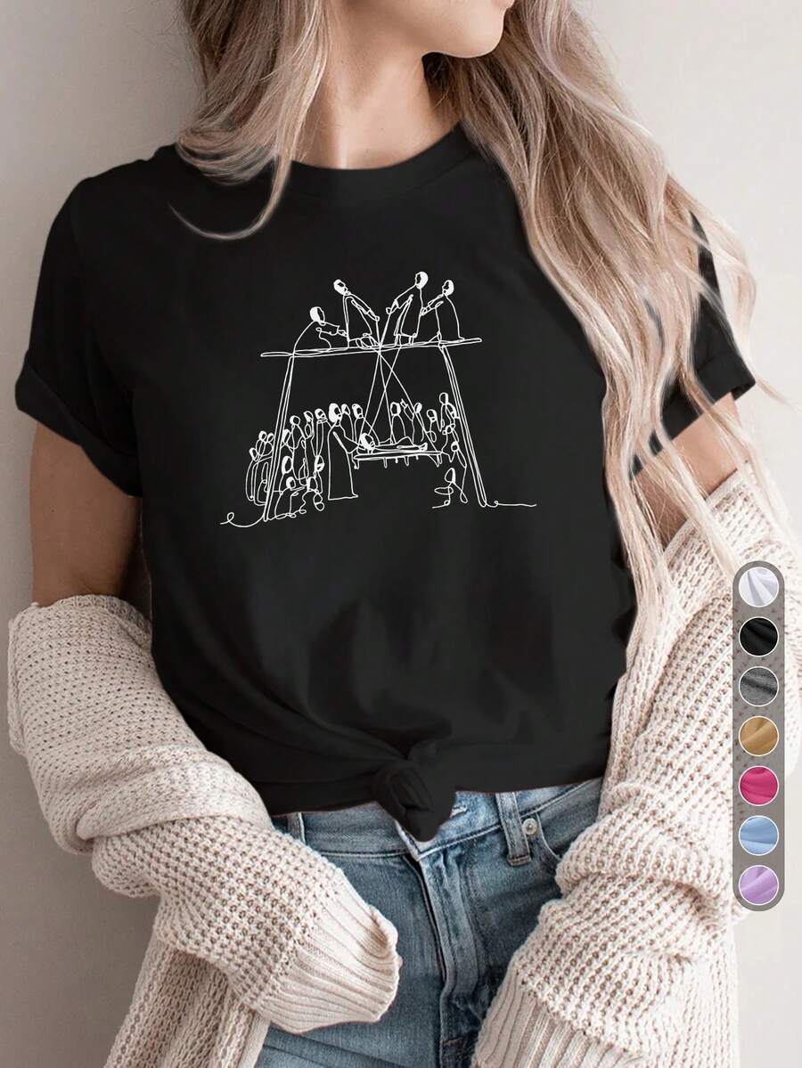 Women's Plus Size 1 Piece Summer Outfit - A Loose Line Art Design: A T-Shirt With A Group Of People On A Swing, Stylish Feminine Wear, Short Sleeve Round Neck, Casual Elegant Top, Suitable For Parties, Holiday Gifts, Daily Wear - 黑色 - 查看 1