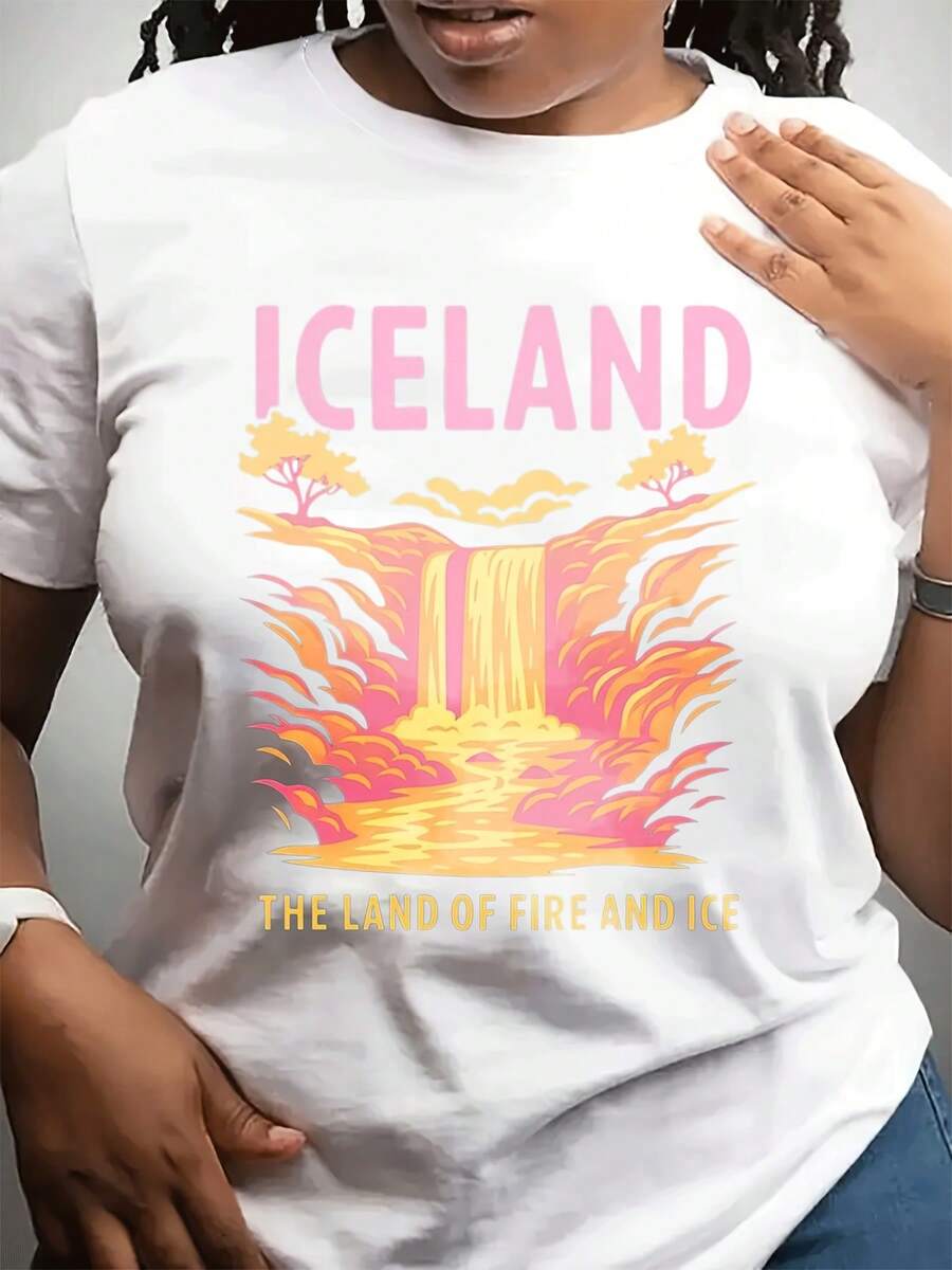 Camiseta casual cuello redondo de las señoras | Corto Sved, Impresión destacada, yo para Dailpor y día Gif