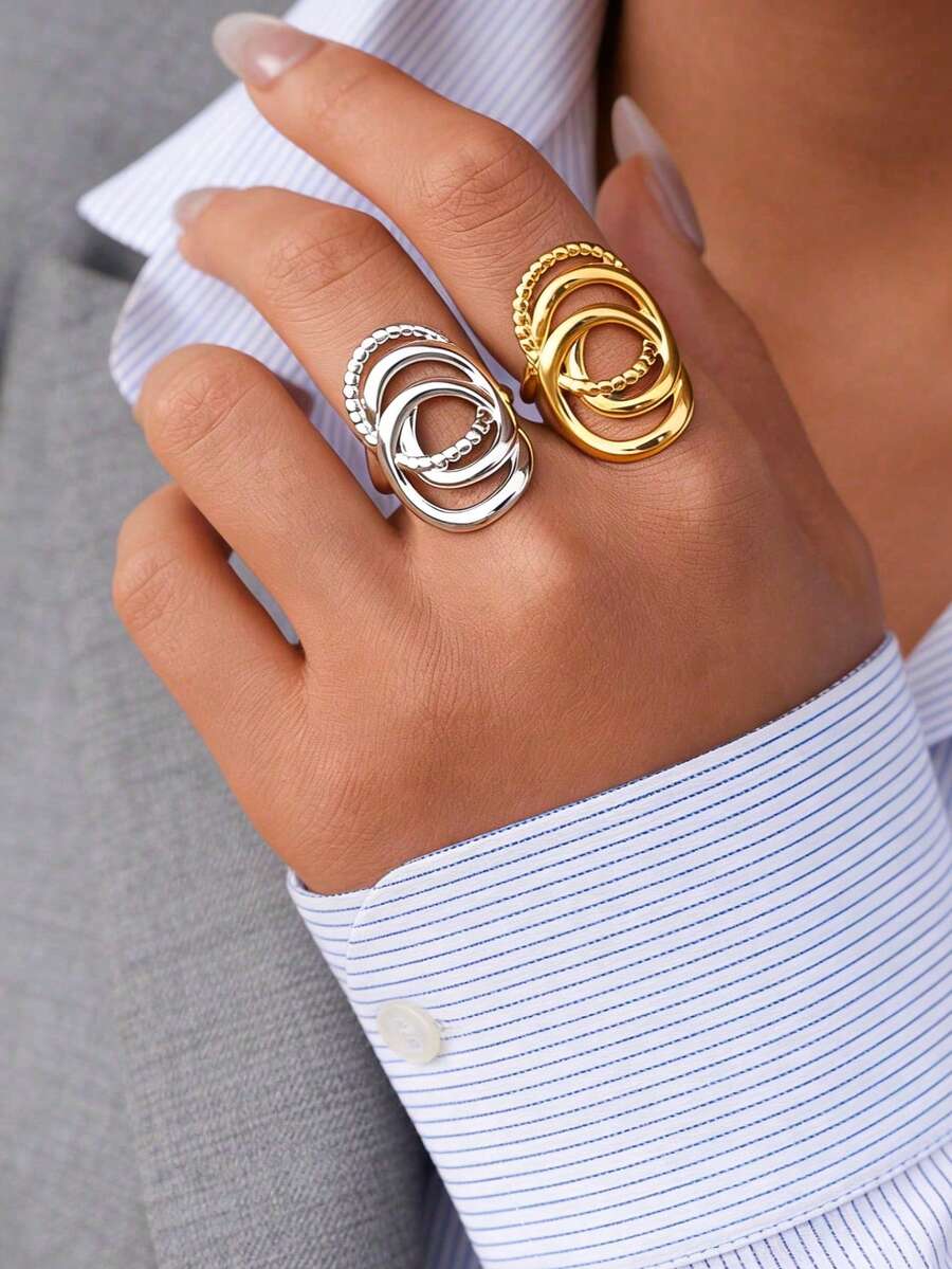 Uself 2pcs/1pc Gold-Plated Stainless Steel Rings For Women, Dual-Tone Overlapping Oval Rings, Stackable Open Rings, Fashion Jewelry Accessories For Women, Suitable For Daily Wear And Party Gifts, Western Jewelry, Women's Brand