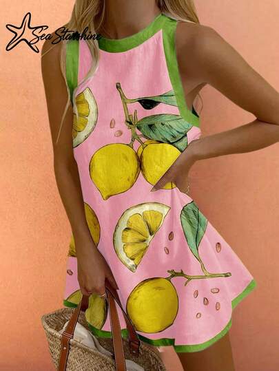 Sea Starshine Bohemian Style Summer Beach Casual Vacation Comfortable Women's Colorblock Lemon Leaf Print Sleeveless Dress, Suitable For Brunch Pink Elegant