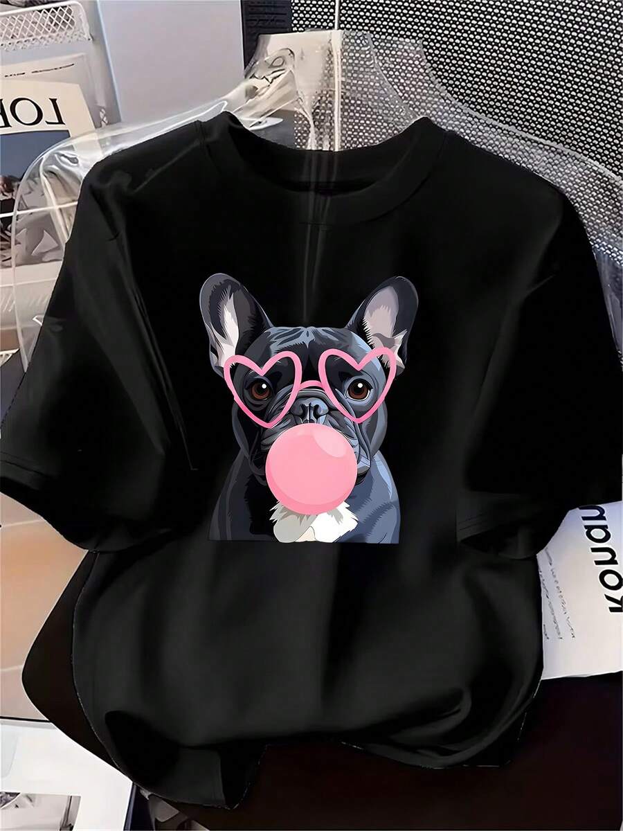 Plus Size, Women's Summer New Arrival T-Shirt With Short Sleeves, Featuring A Cartoon Print Of A -Gray French Bulldog Wearing Pink Heart-Shaped - 黑色 - 查看 1