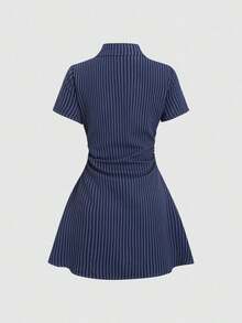 Vestido camisa de manga corta rosa dulce y fresco, diseño de cintura estilizadora, vestido camisero elegante para dama, nueva llegada de verano - Azul marino - Ver 2