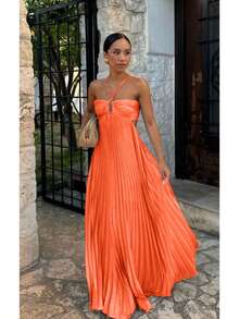 Women's Pleated Halter Neck Maxi Dress, Crisscross Straps Cutout Waist Evening Gown - 橘色 - 查看 4