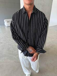 Men's Black & White Striped Long Sleeve Casual Shirt, Relaxed Fit, Minimalist Versatile Design, Suitable For Multi-Season Everyday Wear, Comfortable & Breathable - Black and White - View 4