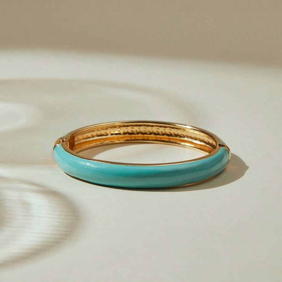 ORNAPEADIA 1pc Women's Gold-Plated Turquoise Enamel Open Bangle Bracelet, Versatile Beach & Daily Wear Accessory, Suitable For Gift