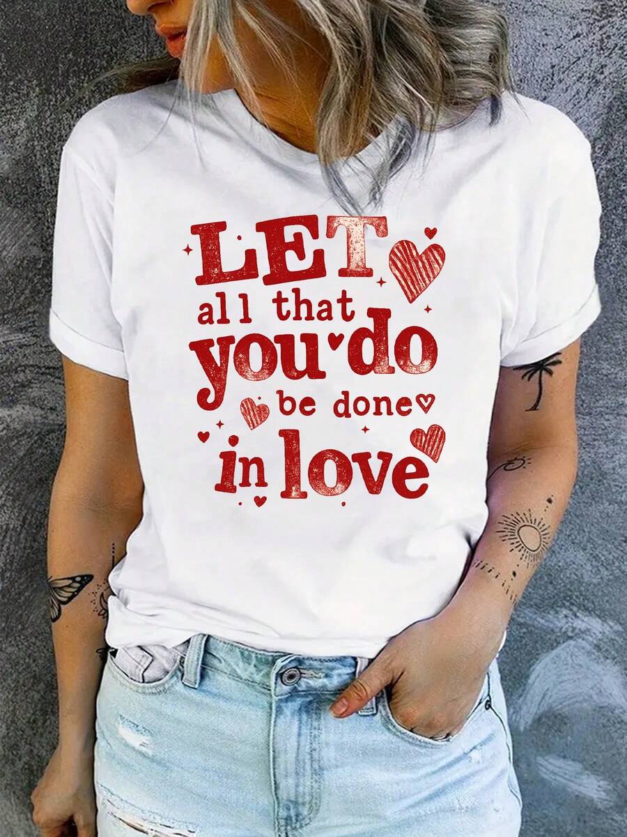 Camiseta con estampado de letra | Top de cuello de tripulación casual de las mujeres para primavera / verano, ajuste cómodo, uso diario esencial