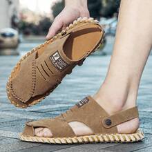 Men's Basic Faux Leather Studded Outdoor Handmade Stitched Slide Sandals, New Versatile Soft Casual Slippers - Brown - View 7