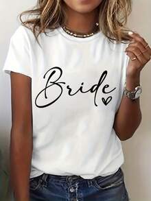 Modern And Minimalist T-Shirt For Bridesmaids And Wedding Parties - 'Bride Squad' Letter Print Top, Bridesmaid And Groomsmen Outfits, Spring And Summer Wedding Clothes, Casual Bridesmaid Blouse, For Everyday Casual Wear. - 白色 - 查看 1