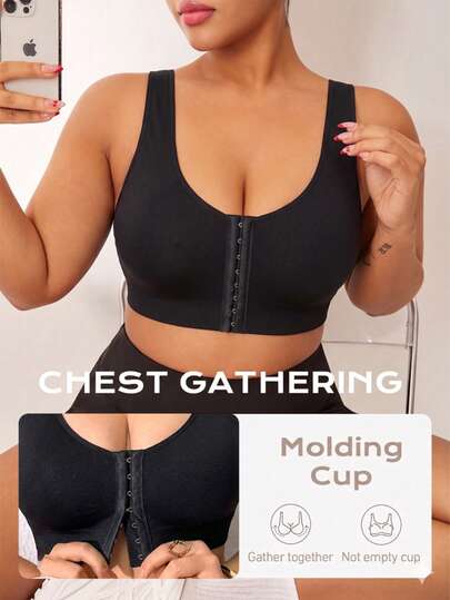 Plus Size Front Snap V-Neck Shapewear Bra, Comfortable Breathable Gather Waist Seamless Shock-Absorbing Sports Camisole, Plus Size Women Summer Fitness Top