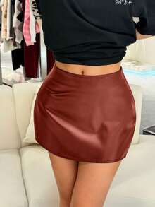 Women's Vintage Sexy American Style PU Leather Bodycon Mini Skirt, Solid Black, Suitable For All Seasons, Party & Holiday Wear - Red Rock Color - View 4