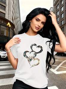 GiftGiftEmotion And Love Representative, Women's Short Sleeve T-Shirt With Metallic Heart Print, Simple Round Neck, Casual And Versatile For Leisure, Travel And Vacation. Soft. - 白色 - 查看 3