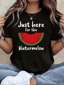 Justo aquí para la sandía rodaja humor verano impresión gráfica t - camisa mujer primavera - verano corto - manga tripulación - cuello casual t - camisa, ocio diario, regalo de vacaciones - Negro - Ver 2