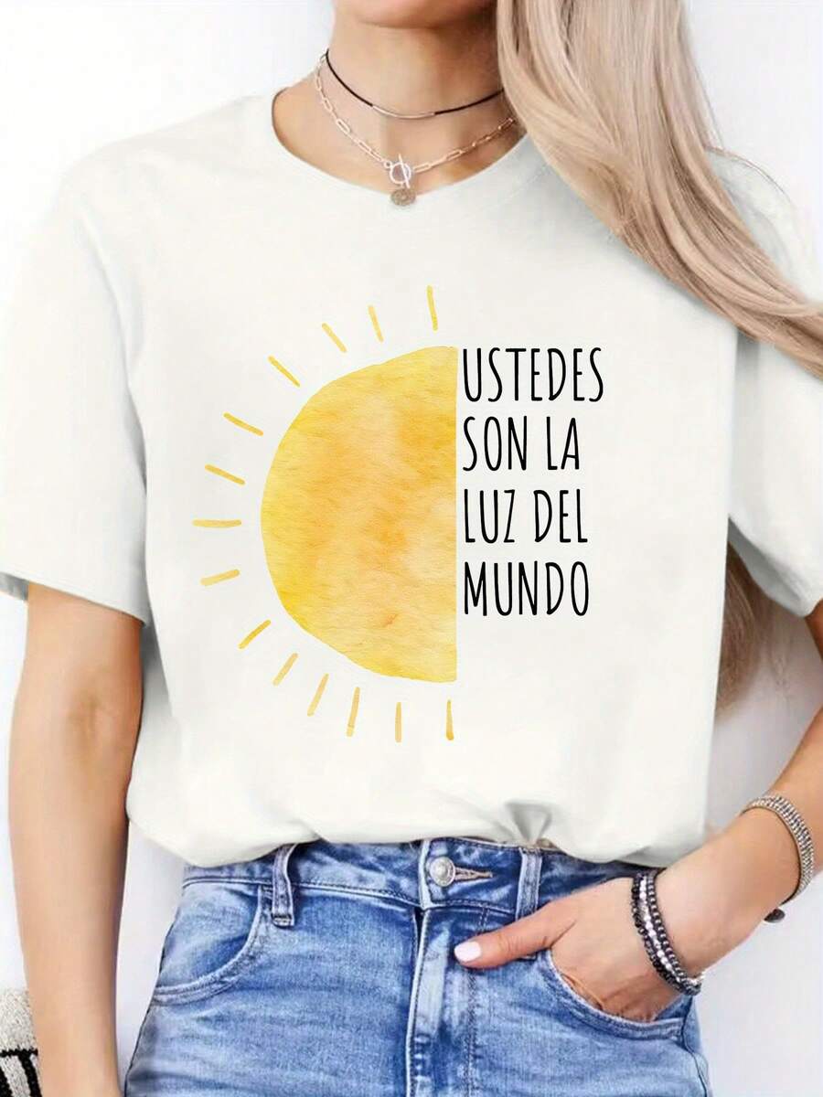 Women's Casual Short Crew Neck T-Shirt - Sve Spor With Spanish Letter Print For Spring And Summer - 白色 - 查看 1