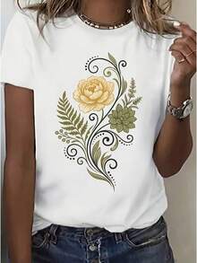 A Women's Spring And Summer Dress, Elegant With A T-Shirt Featuring A Yellow Pine Cone And Green Vine Leaf Pattern, Round Neck And Short Sleeves, Casual And Elegant Top, Suitable For Festive Parties, Loose Fit, Perfect As A Gift - 白色 - 查看 1