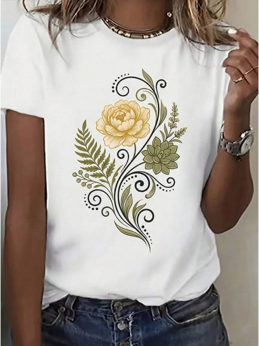 A Women's Spring And Summer Dress, Elegant With A T-Shirt Featuring A Yellow Pine Cone And Green Vine Leaf Pattern, Round Neck And Short Sleeves, Casual And Elegant Top, Suitable For Festive Parties, Loose Fit, Perfect As A Gift - 白色 - 查看 1