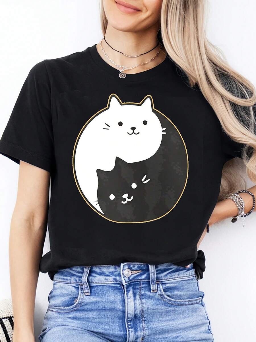 Camiseta casual de cuello redondo del festival de primavera de las mujeres | Sved corto, tejido estirable ligero, patrón de impresión de gato geométrico, adecuado para el uso diario y esporas, regalo para amigos o familia