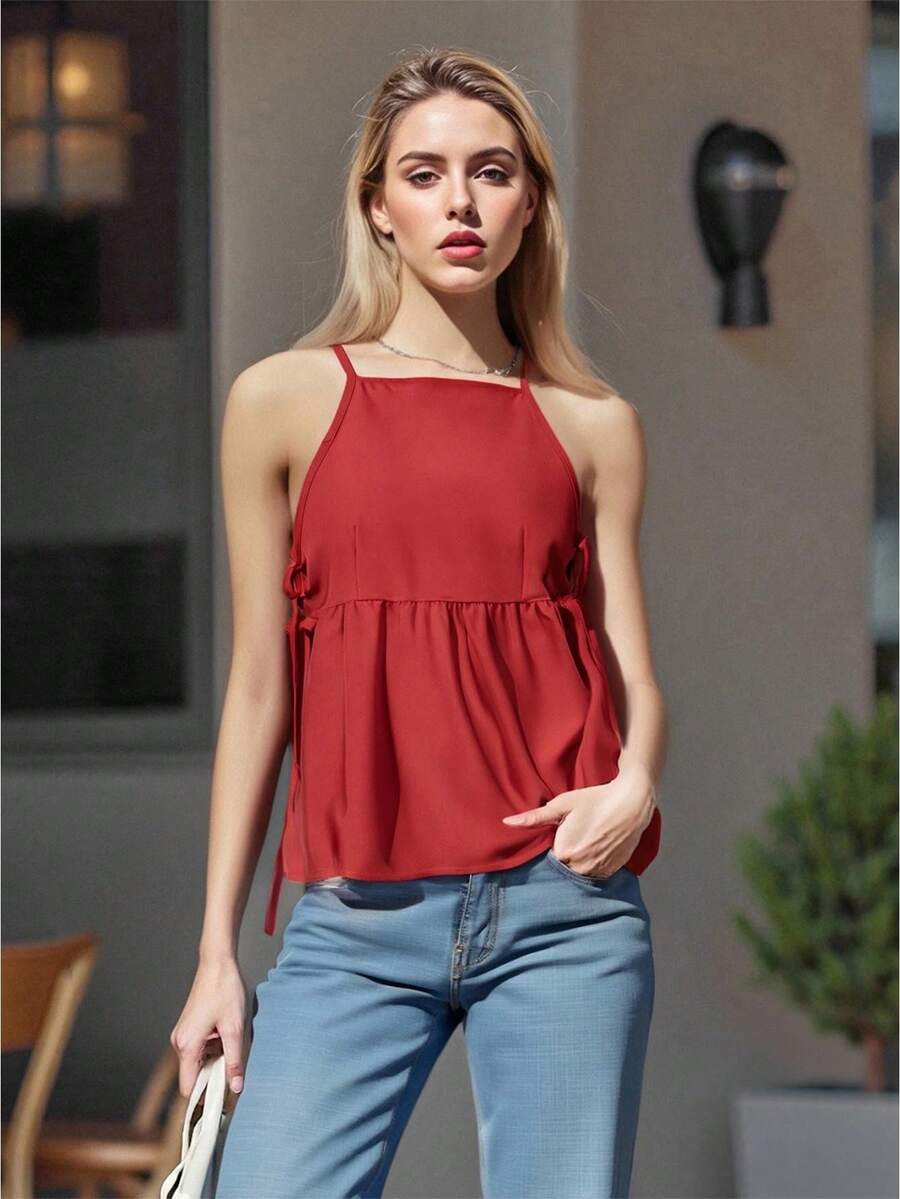 Women's Tie Strap Tank Tops Solid Plaid Pattern Side Ties Sleeveless Spaghetti Straps Camisole for Summer - Rojo - Ver 1