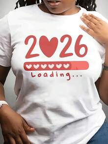 Camiseta casual de moda de cuello redondo de la mujer del día de San Valentín 2026 con patrones de carga en forma de corazón, un tema de pareja - Blanco - Ver 2