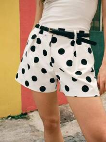 Quần short nữ CAREE chấm bi vintage thắt eo, thích hợp mặc đi làm và hẹn hò, mùa xuân hè. - Đen và trắng - Xem 1