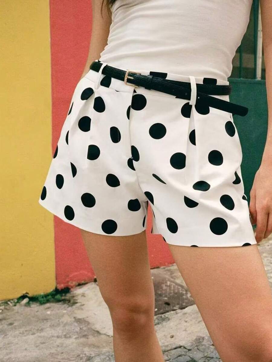 Quần short nữ CAREE chấm bi vintage thắt eo, thích hợp mặc đi làm và hẹn hò, mùa xuân hè. - Đen và trắng - Xem 1