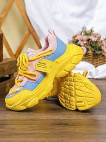Dopamine Fashion 女款坡跟厚底運動鞋，多色網布拼接，街頭風厚底粗獷運動鞋，四季百搭時尚女鞋 - 粉紅藍黃 - 查看 6