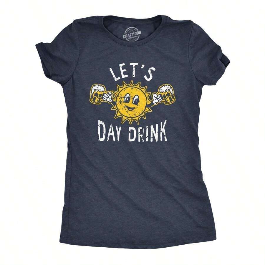 Womens Lets Day Drink T Shirt Funny Drunken Sunny Booze Drinking Tee For Ladies Funny Womens T Shirts Cute Vintage Fashion Casual Ladies T-Shirt Gift,,Summer Outfits For Women: Retro Western Style Pairs Well With Jeans And Is Perfect For Festivals, Games, And Events - 海軍藍 - 查看 1