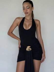 Vestido con cinta de Metal de gato extraño para mujer Y2K elegante verano Halter vendaje pliegues melocotón nalgas sin espalda ajustado Sexy medianoche ceñido al cuerpo - Negro - Ver 2