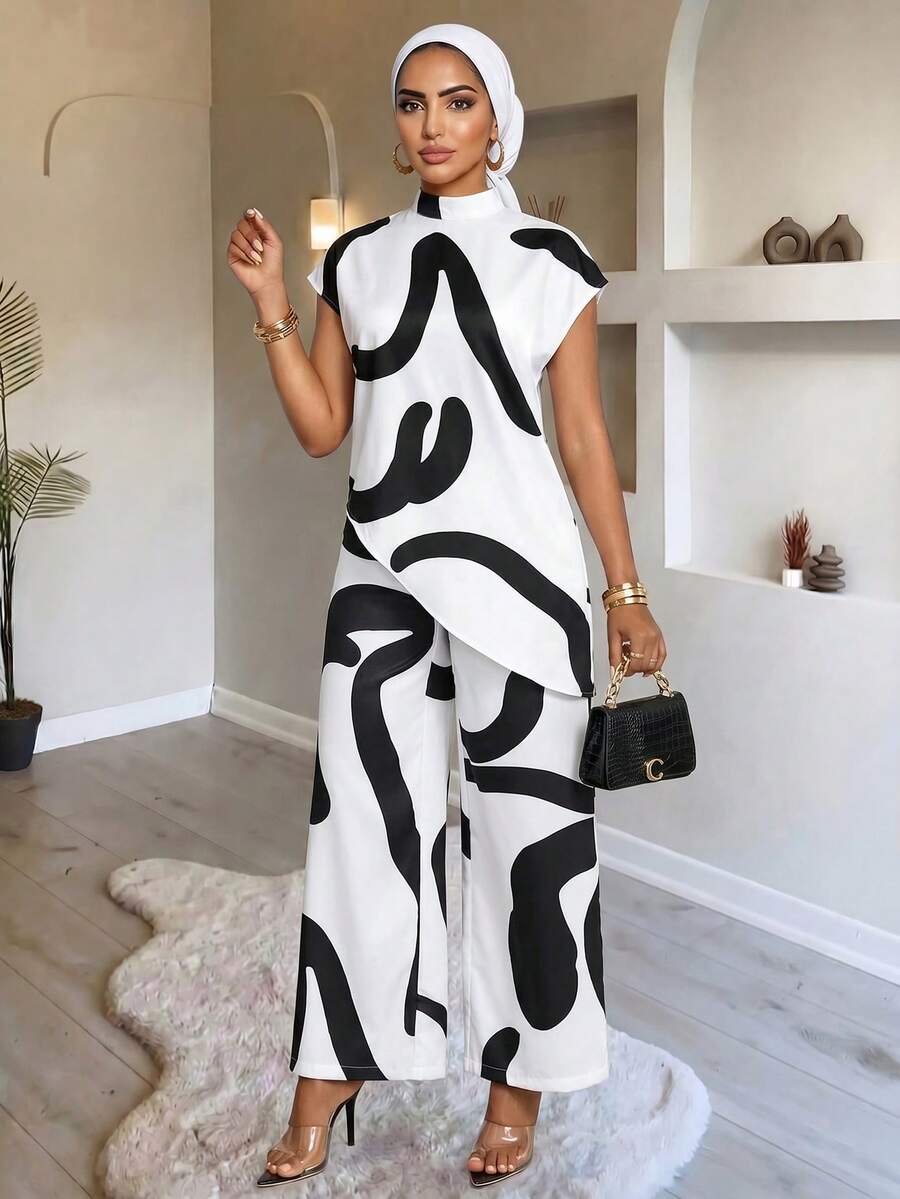 SHEIN Lady Summer Elegant Commuter Simple Geometric Print Two Pieces Set Women Two Pieces Outfits Summer Outfits For Women Vacation Outfits Woman 2 Pieces Sets Woman - Black and White - View 1