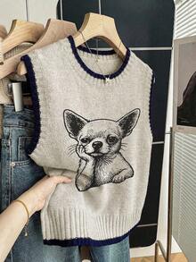 Áo ba lỗ dệt kim in hình chó Chihuahua, cổ tròn, không tay, viền tương phản, kiểu dáng thường ngày, thích hợp cho mùa hè. - Màu Khaki - Xem 1