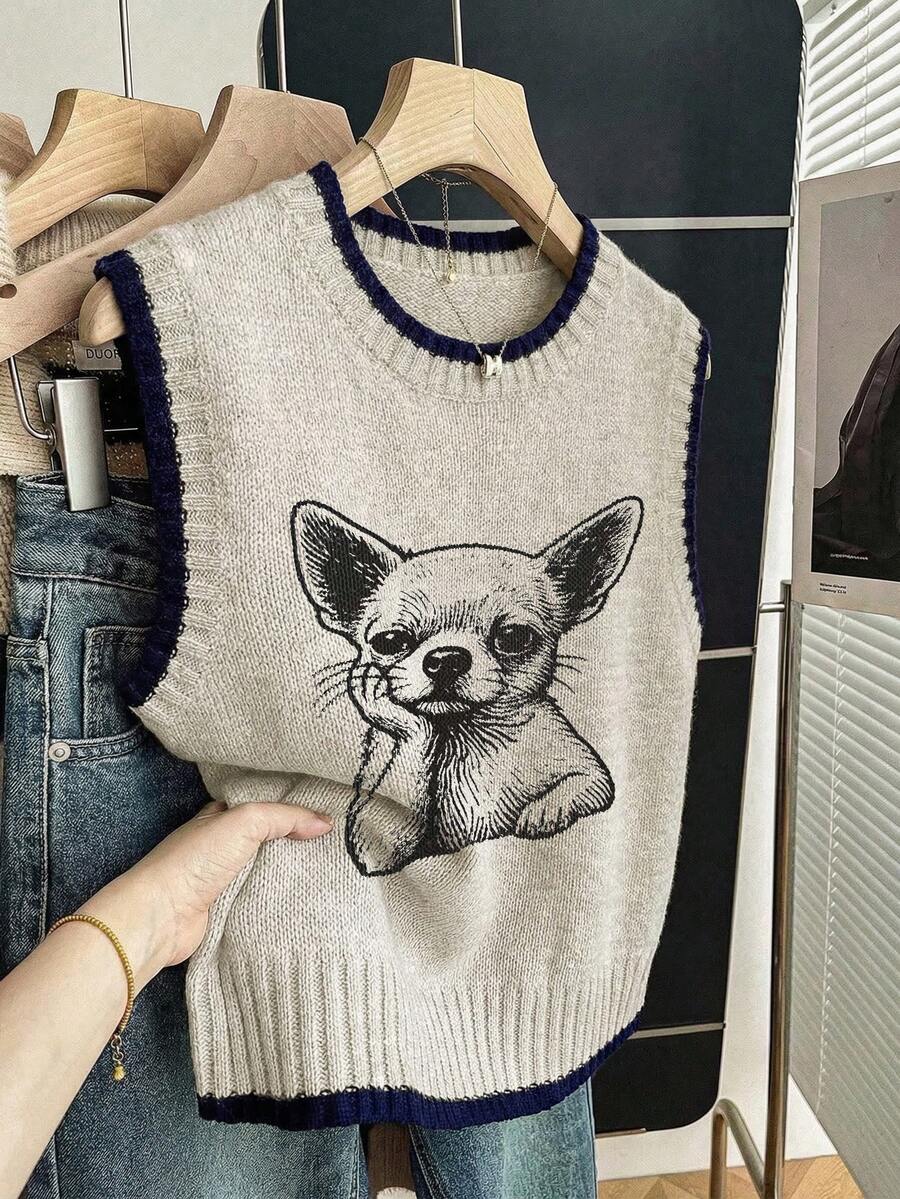Áo ba lỗ dệt kim in hình chó Chihuahua, cổ tròn, không tay, viền tương phản, kiểu dáng thường ngày, thích hợp cho mùa hè. - Màu Khaki - Xem 1