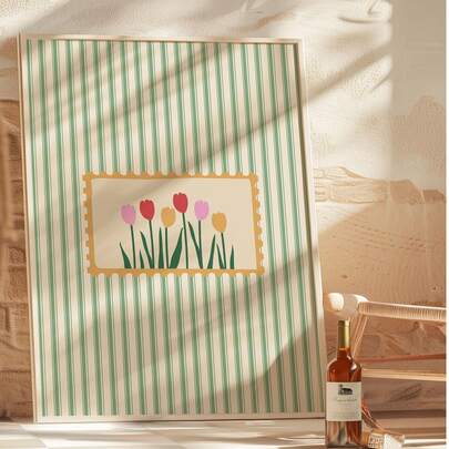 1pc Green Pink Tulips Flower Wall Art Picture Colourful Striped Pattern Prints Canvas Painting Physical Poster Saga Green Horizontal Aesthetic Decor For Living Room Bedroom Office Wall Decoration Unframed , Framed Or Wooden Hanging Scroll