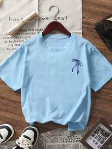 两件套少女夏季套装 - 短袖T恤搭配条纹短裤，时尚/Y2K/街头风，充满艺术气息的上衣和短裤套装 - 淺藍色 - 查看 5