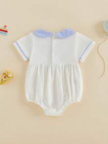 Baby Short Sleeve Romper Embroidered Plaid Doll Collar Summer Bubble Bodysuit For Girls Boys - 藍色 - 查看 7