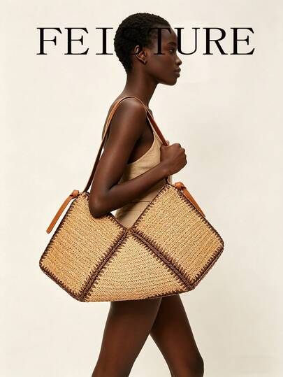 1pc Geometric Patchwork Straw Tote Bag, Large Capacity Woven Shoulder Bag With Leather Strap, Casual Beach Holiday Handbag For Women, Essential For Summer