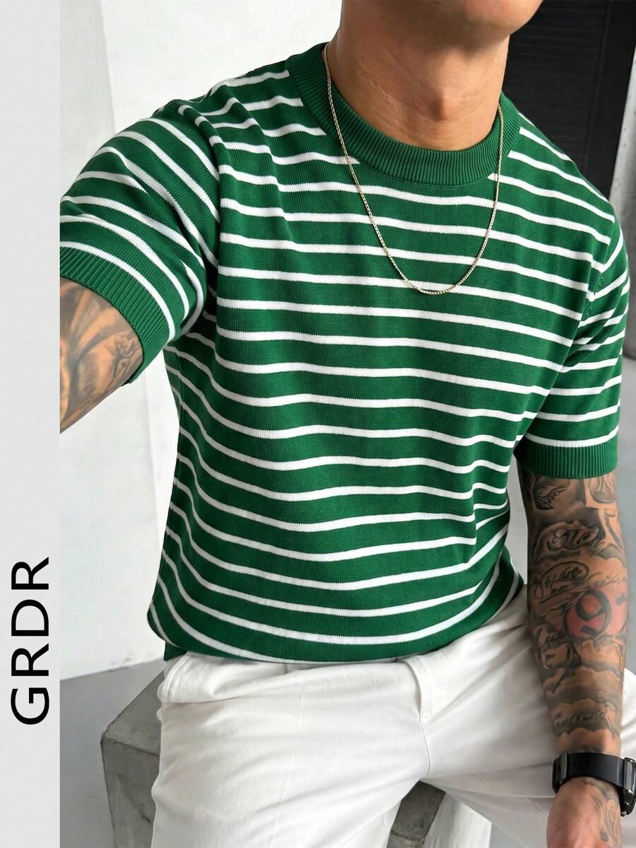 GRDR 1件男士夏季至初秋圆领条纹针织短袖衬衫，休闲户外服饰