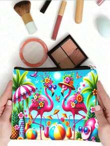 1 pièce Trousse de maquillage mignonne avec flamant rose, sac à fermeture éclair tropical d'été pour la plage. Organisateur de voyage parfait pour les vacances, cadeau idéal pour les femmes et les filles - Multicolore - Voir 8