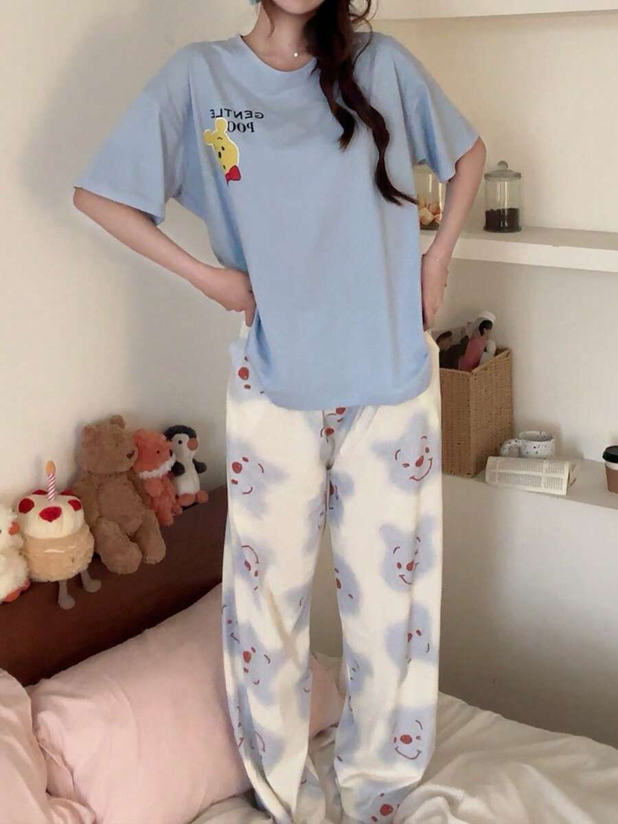 Gongdie Bộ đồ ngủ nữ Disney 2 món, áo tay ngắn và quần dài in hình Winnie the Pooh, đồ ngủ mềm mại thoải mái. - Màu xanh nhạt - Xem 1