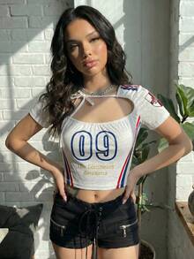 Women's Casual British Style Mesh Open Collar Fitted Cropped T-Shirt, Suitable For Street Style, Spring/Summer Top, Women's Summer Set, World Cup - Multicolor - View 5