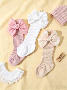 3 Pairs Baby Girls' Sweet Cute Bow Decor Breathable Mesh Anti-Mosquito High Socks, Cotton Material, Suitable For Girls Daily Wear In Spring And Summer - Multicolor - View 2