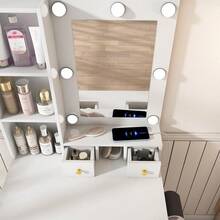 Small Dressing Table Set / Modern Dressing Table / With Mirror, Hairdryer Holder & Upholstered Stool / Dressing Table With Drawers And Shelf / Suitable For Bedrooms And Dressing Rooms - White - View 10